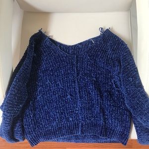 Hand knit vintage blue off-the- shoulder sweater